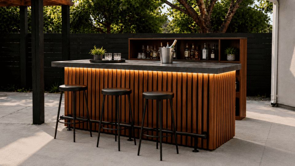 finished modern diy outdoor bar with stools lighting and wood slats