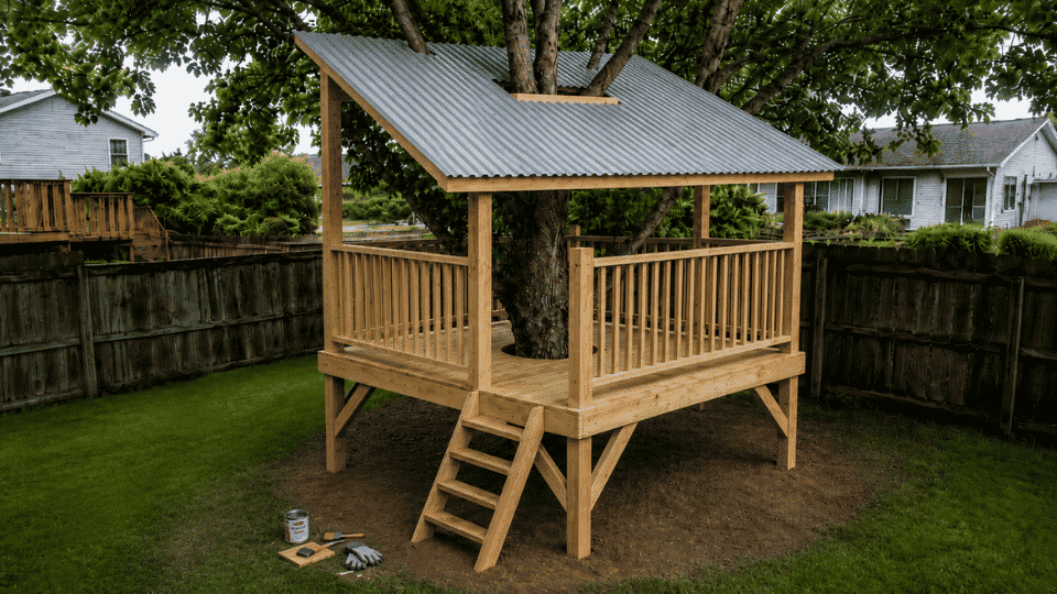 finished simple kids treehouse with railings ladder and sloped roof