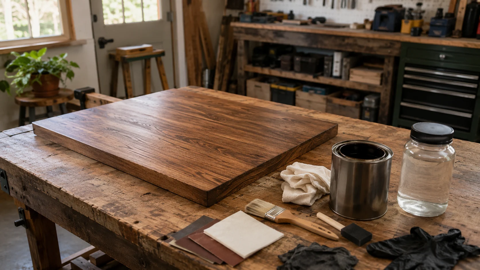 finished stained wood board with stain can, brush, cloth, gloves, and sandpaper on workshop table