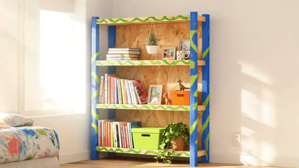 finished two color diy bookshelf styled with books and decor