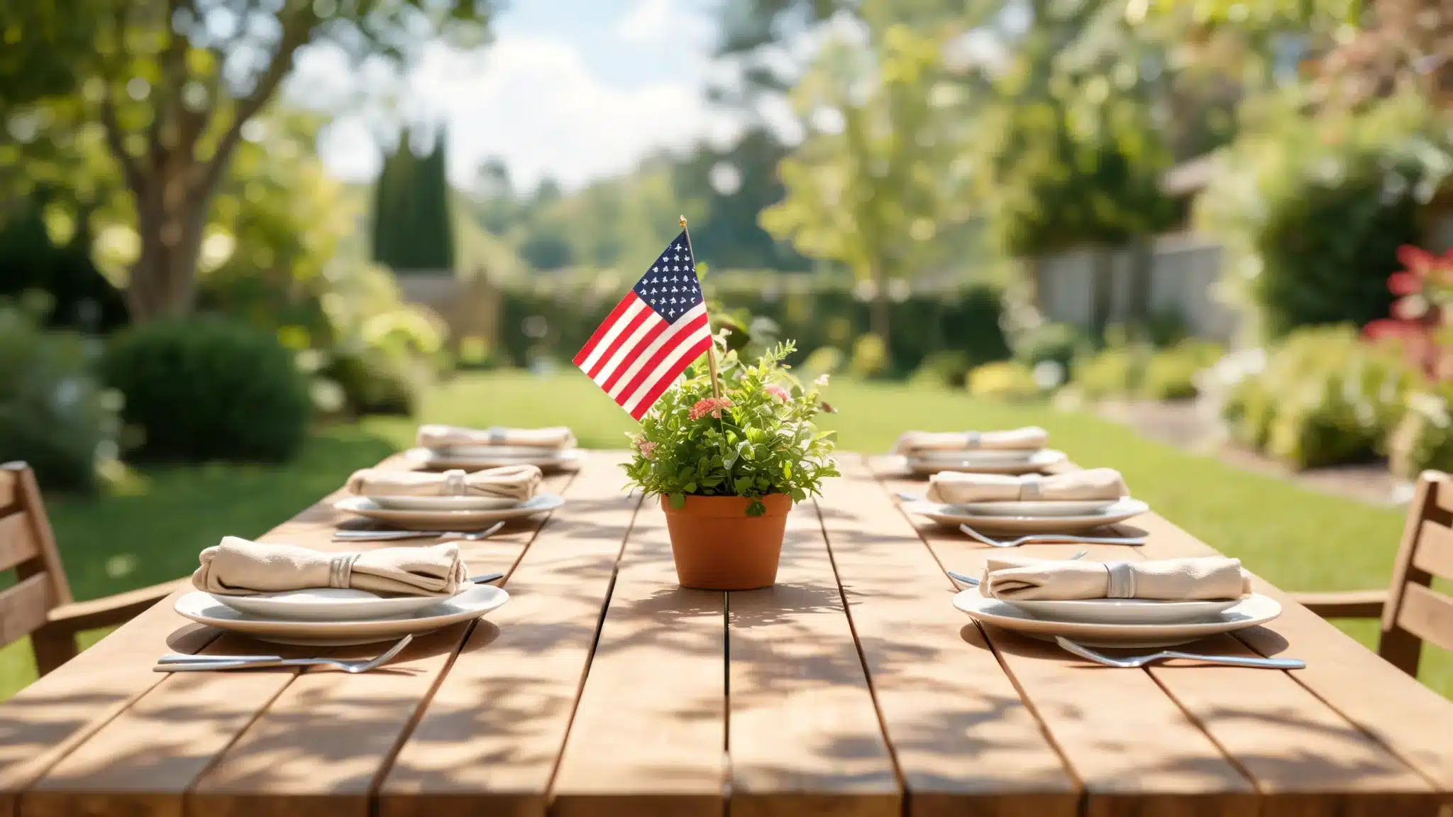 flag and flowers centerpiece on outdoor dining table