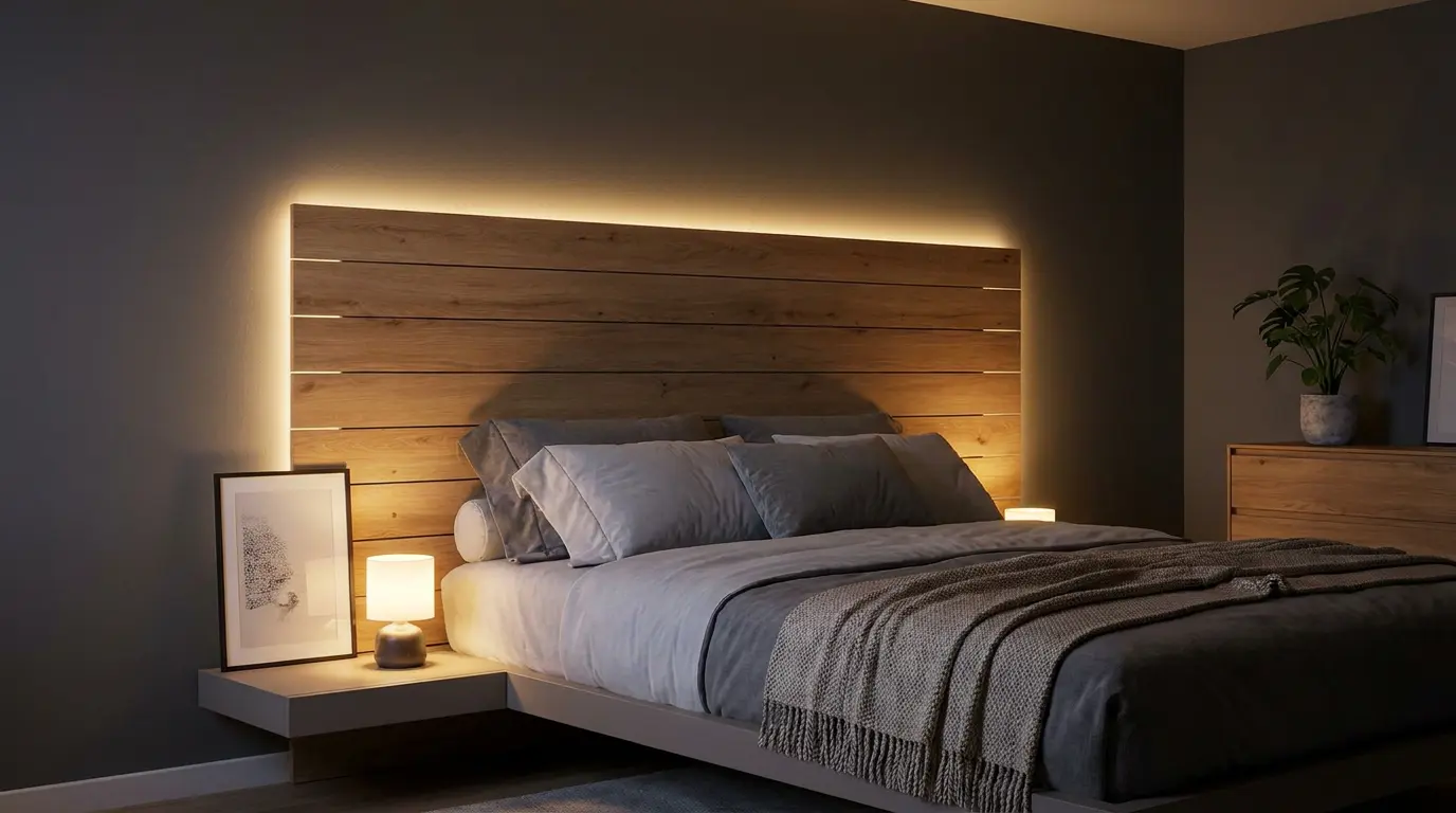 floating wood headboard with hidden led lighting creating soft glow behind modern bed