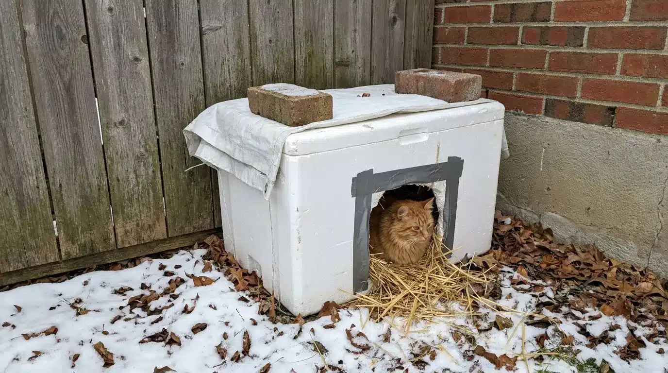 foam cooler outdoor cat shelter set in a protected winter corner for fast emergency cold weather help