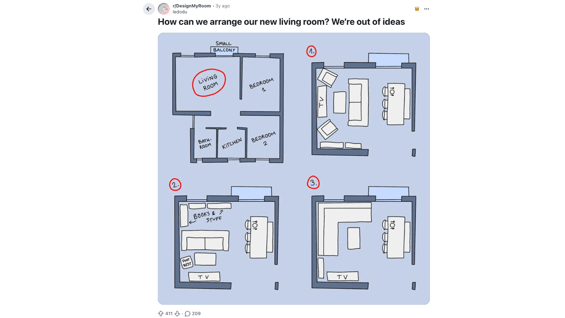 four floor plan sketches showing different furniture layout options for a small living room, dining area, and balcony access