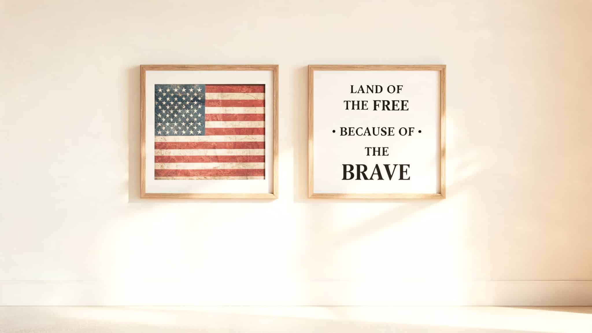 framed patriotic art on living room wall