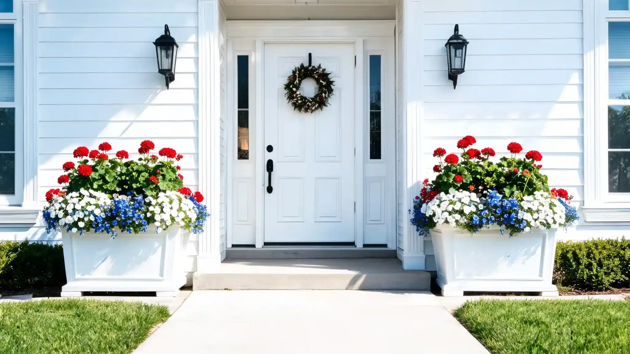 front door planters with red white blue flowers