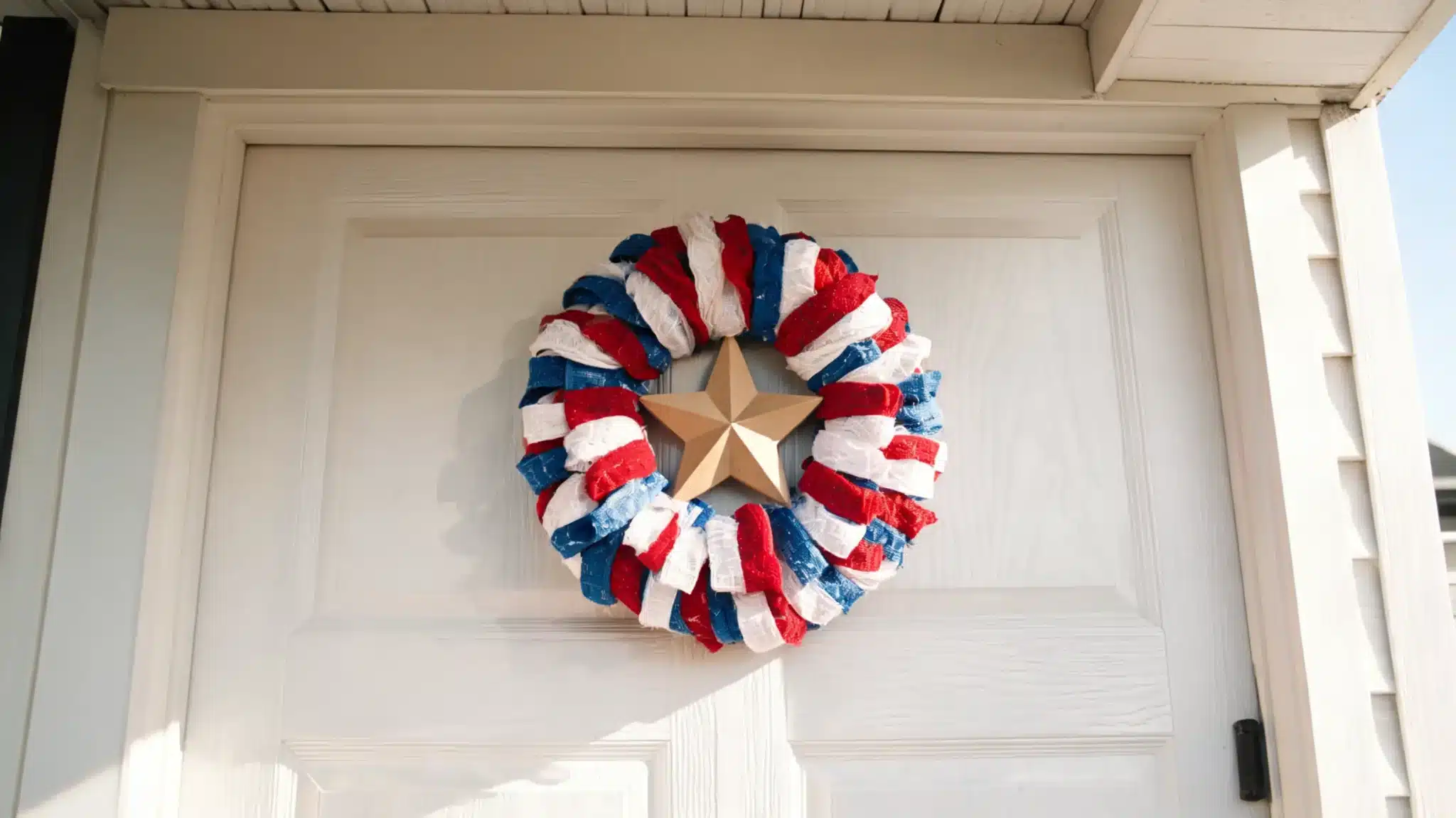 front door wreath with patriotic ribbons