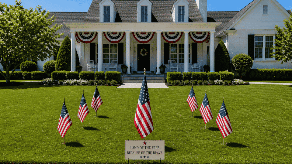 front lawn with rows of american flags and one larger flag at center