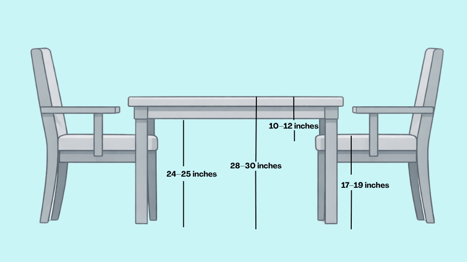front view diagram of a dining table and two chairs with measurement labels for table height, seat height, clearance, and apron underside distance