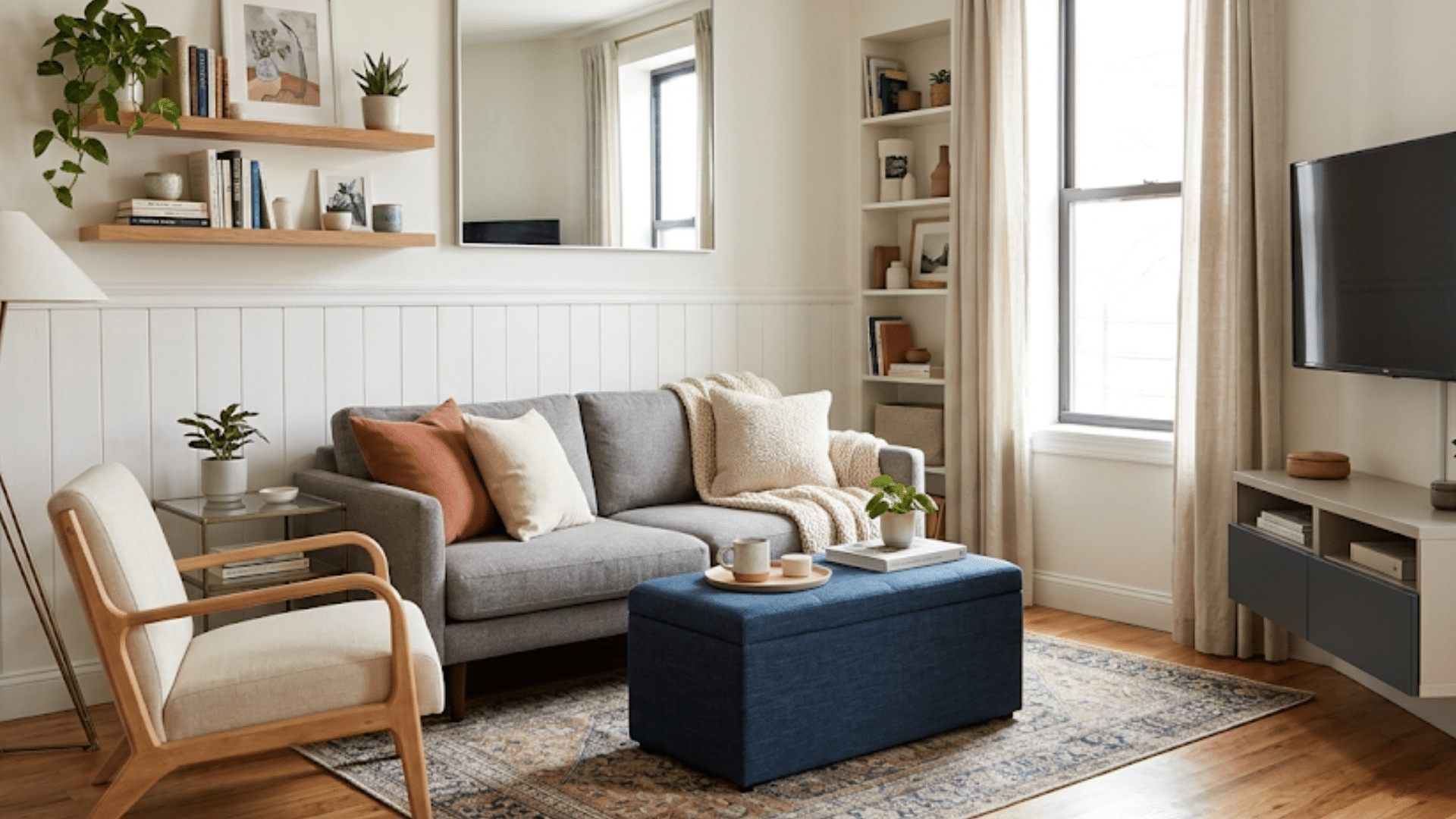 functional small living room featuring a slim-profile sofa, storage ottoman, and floating shelves to maximize space in a compact home