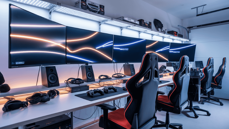 gaming garage setup with multiple monitors, led lights, chair and speakers