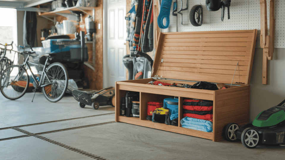 garage bench with hidden storage for tools and seating space