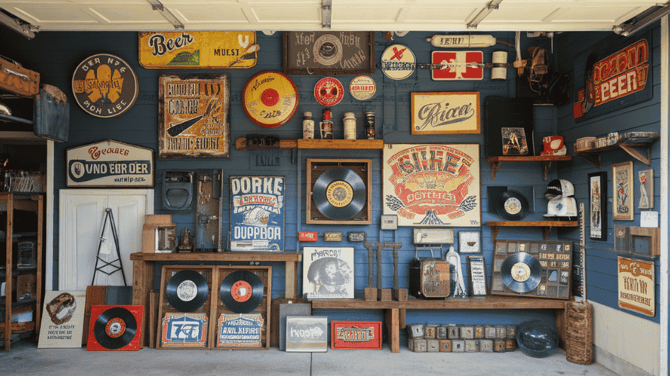 garage decorated with thrift store finds, vintage signs and wall art