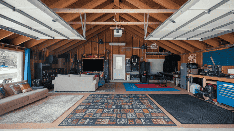 garage divided with rugs creating zones for seating and work areas