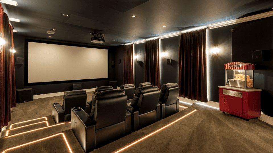garage movie setup with projector screen, recliners, dim lighting and snack area