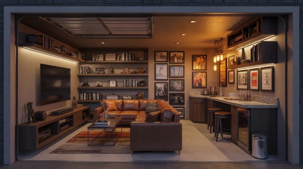 garage transformed into a cozy man cave with seating, tv, shelves, and simple decor in a clean organized space