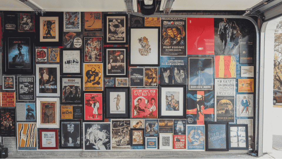 garage wall filled with posters, frames and personal decor layout