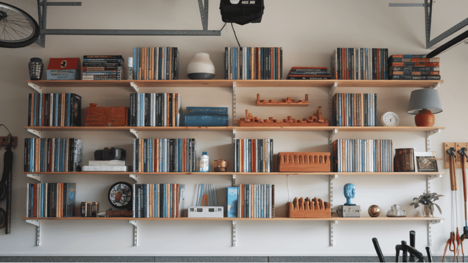 garage wall with mounted shelves storing decor and tools neatly