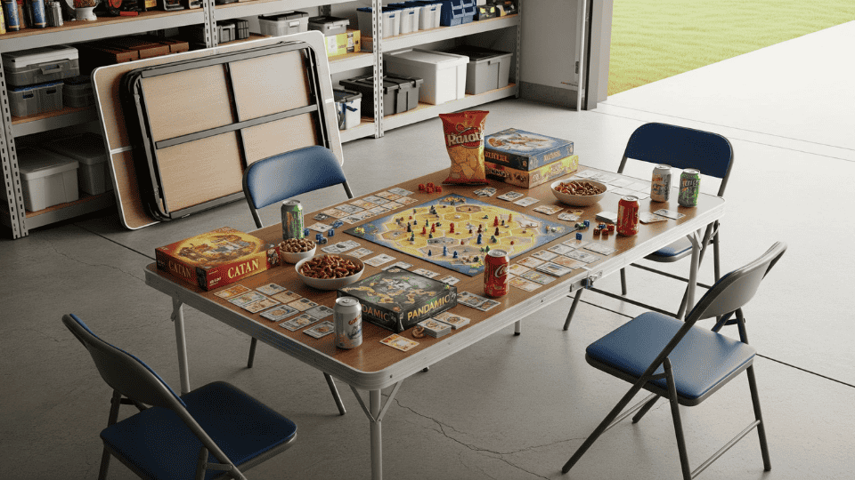 garage with foldable table used for games and stored away after use