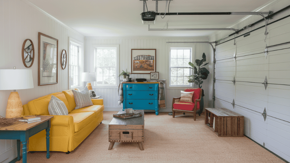garage with repurposed couch, painted table and diy storage furniture