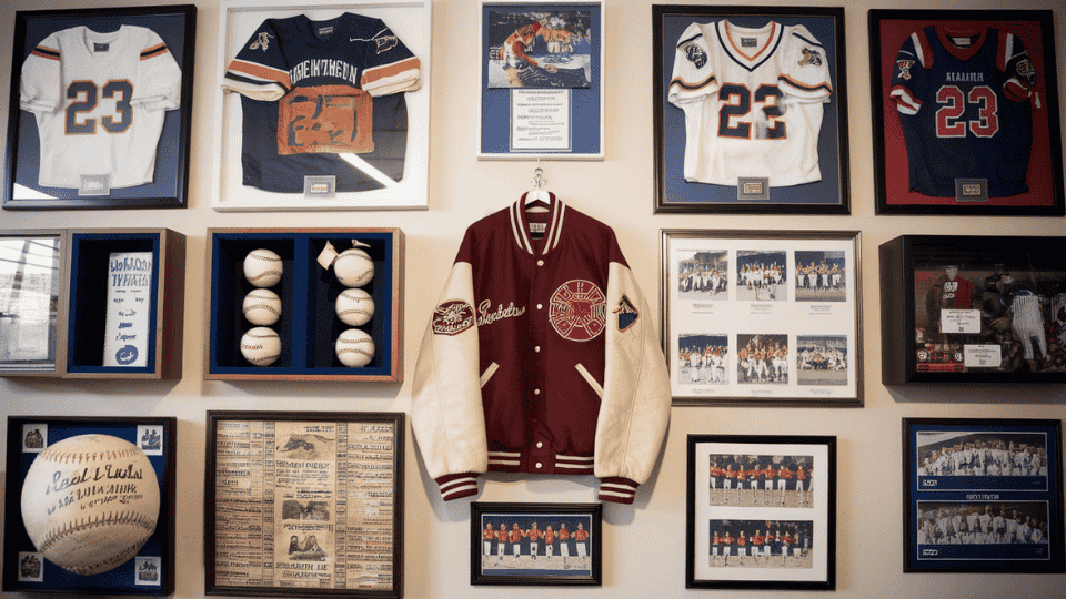 garage with sports jerseys, memorabilia and display shelves