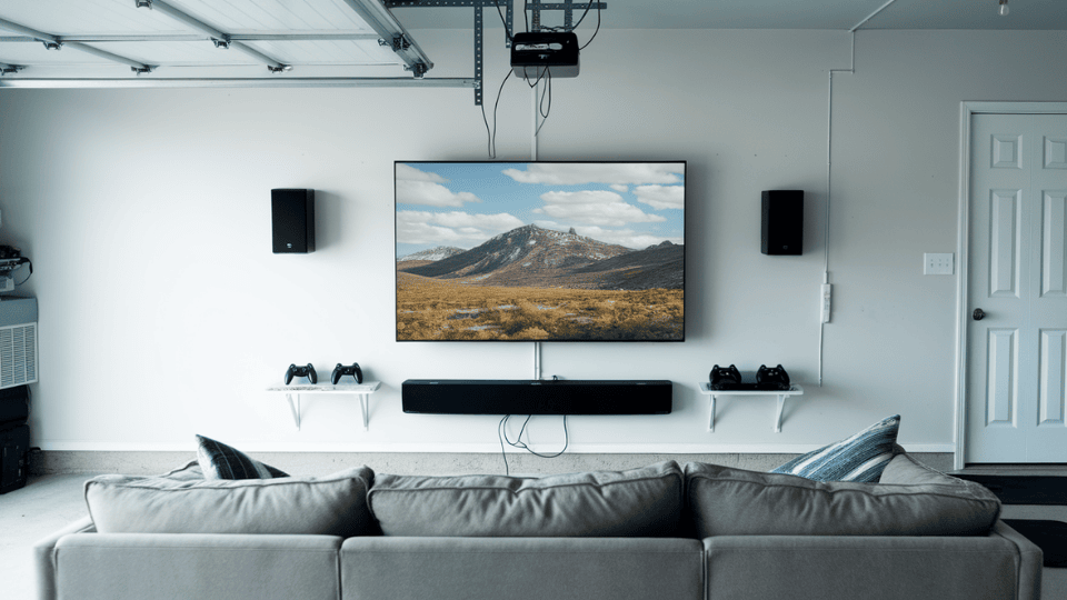 garage with wall mounted tv, simple sound system and seating area
