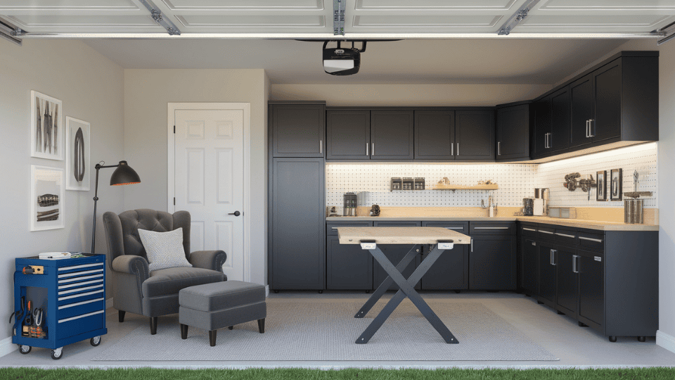 garage with workbench, tool storage and seating area for relaxing