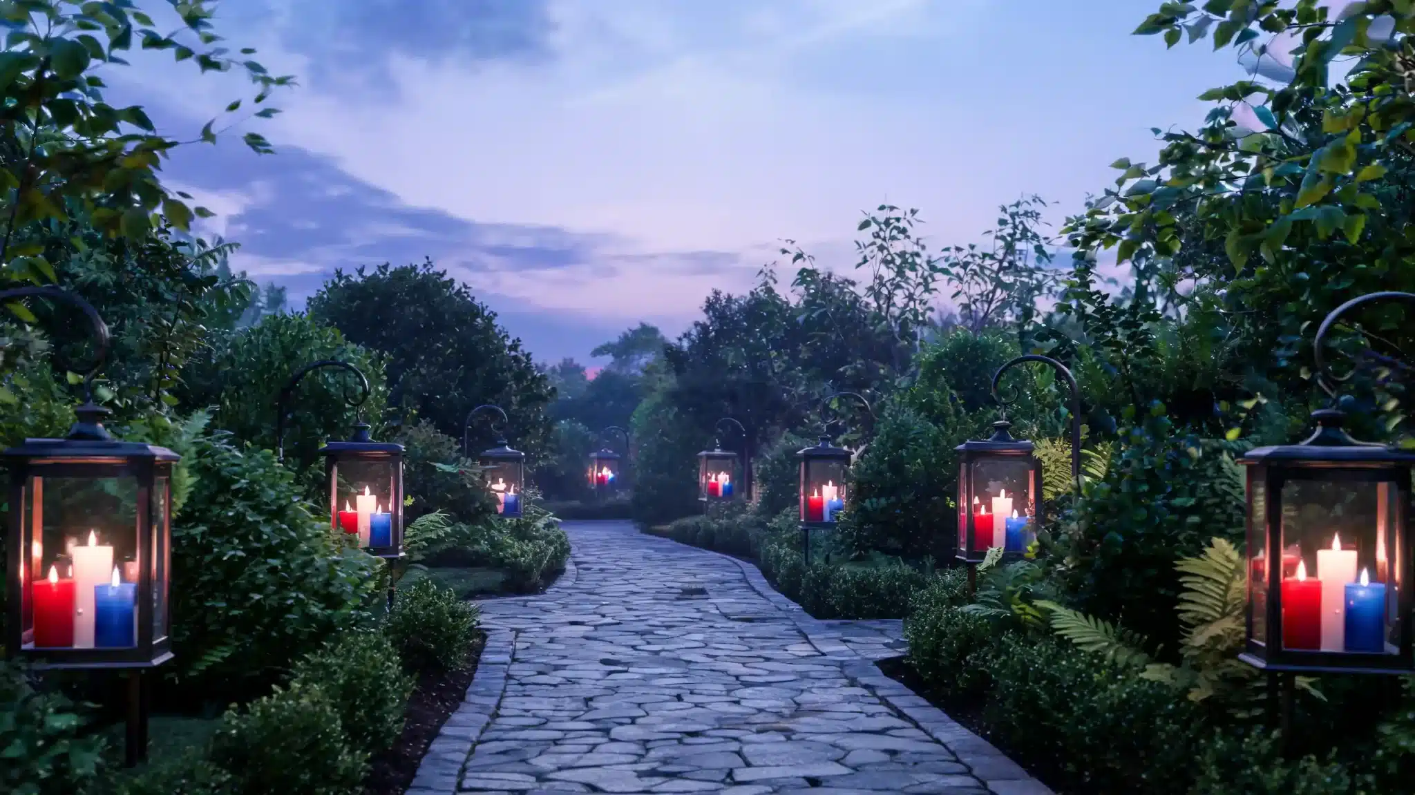 garden path with glowing lanterns