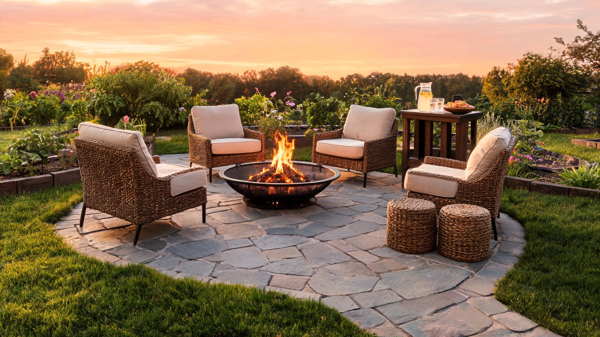 Garden fire pit seating with wicker chairs and poufs at sunset