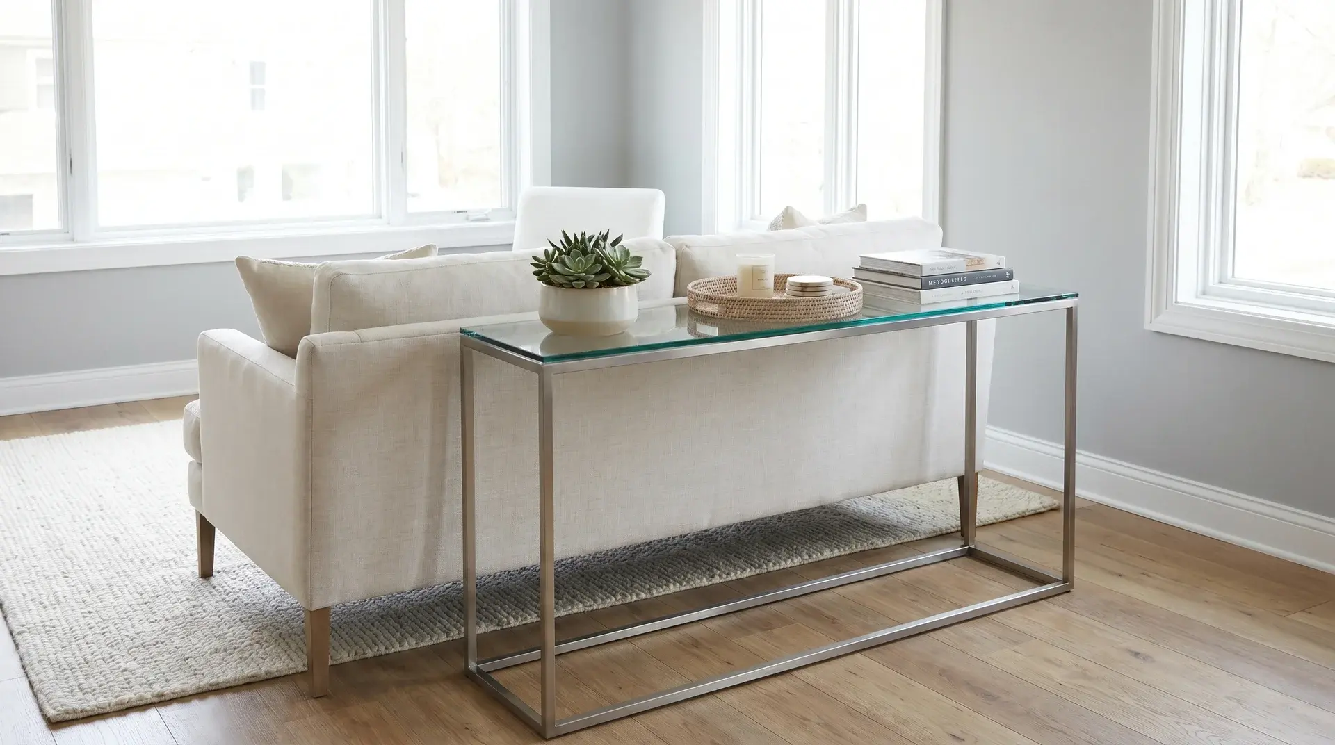 glass sofa table behind light sofa with plant tray and books in small modern living room (1)