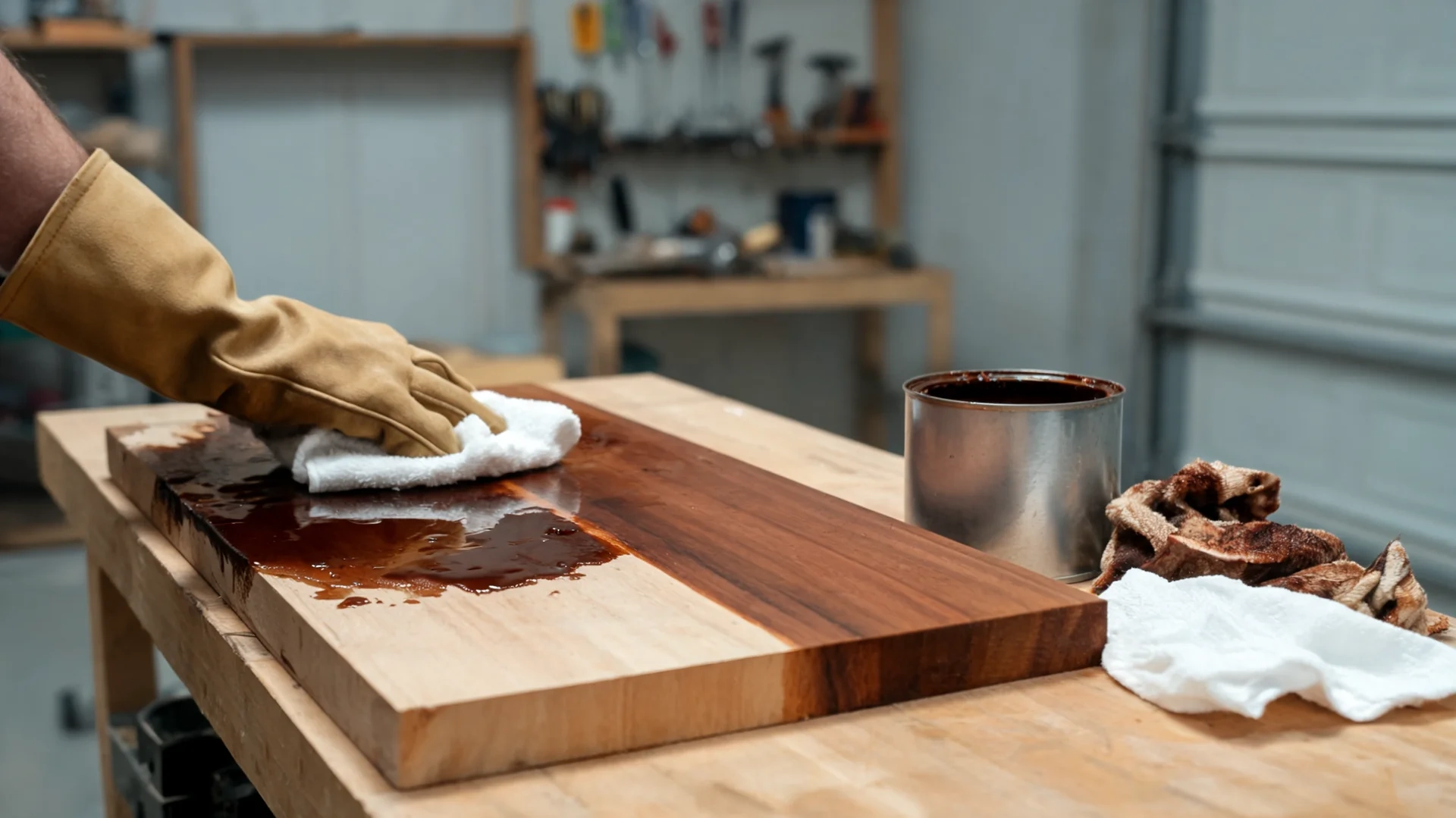 gloved hand wipes excess brown stain from wooden board with cloth on workshop workbench indoors