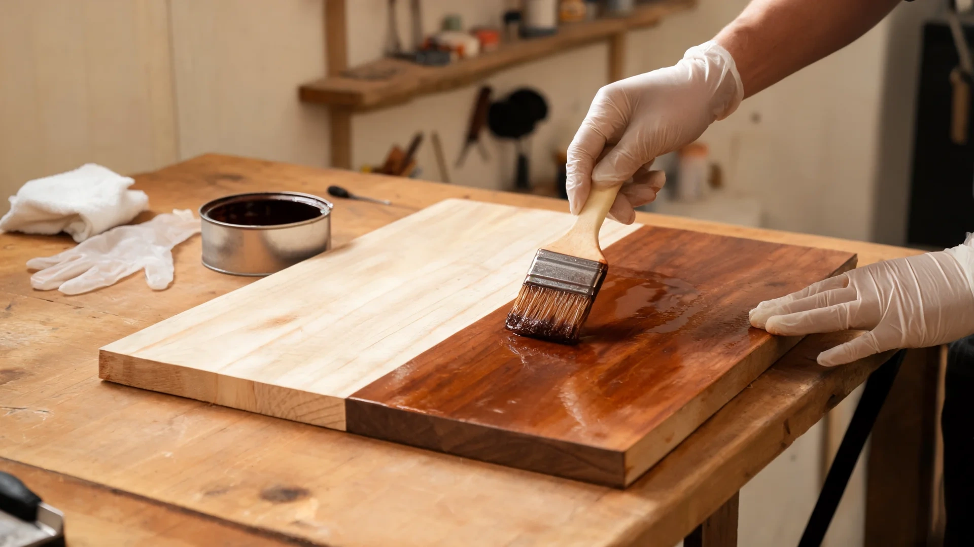 gloved hands apply brown wood stain with brush on raw board at workshop workbench indoors
