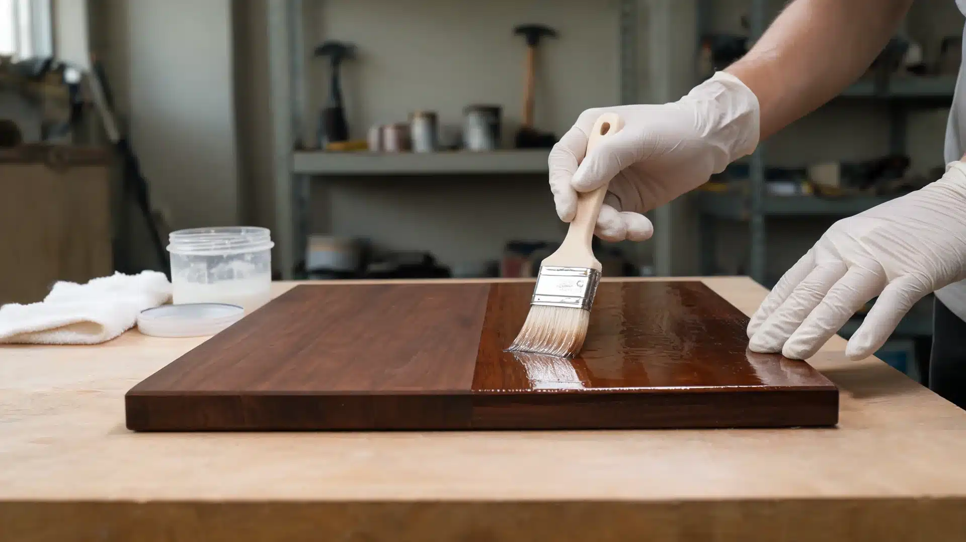 gloved hands carefully brush clear protective finish onto stained wooden board on indoor workshop workbench