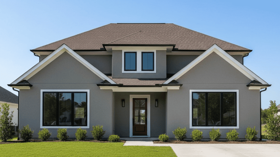 Greige exterior with dark brown roof, white trim, black windows, and neat green landscaping in bright daylight