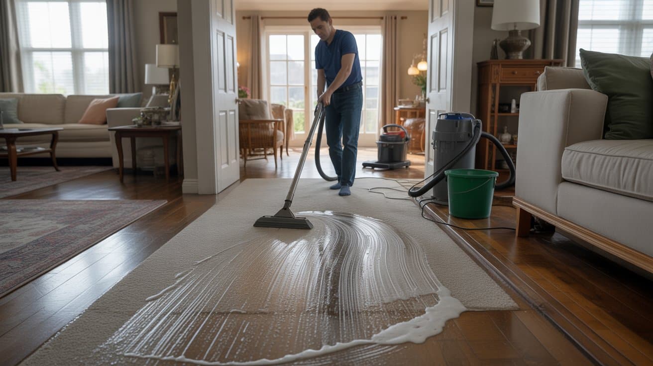 hallway carpet being scrubbed to remove heavy dirt in high traffic area