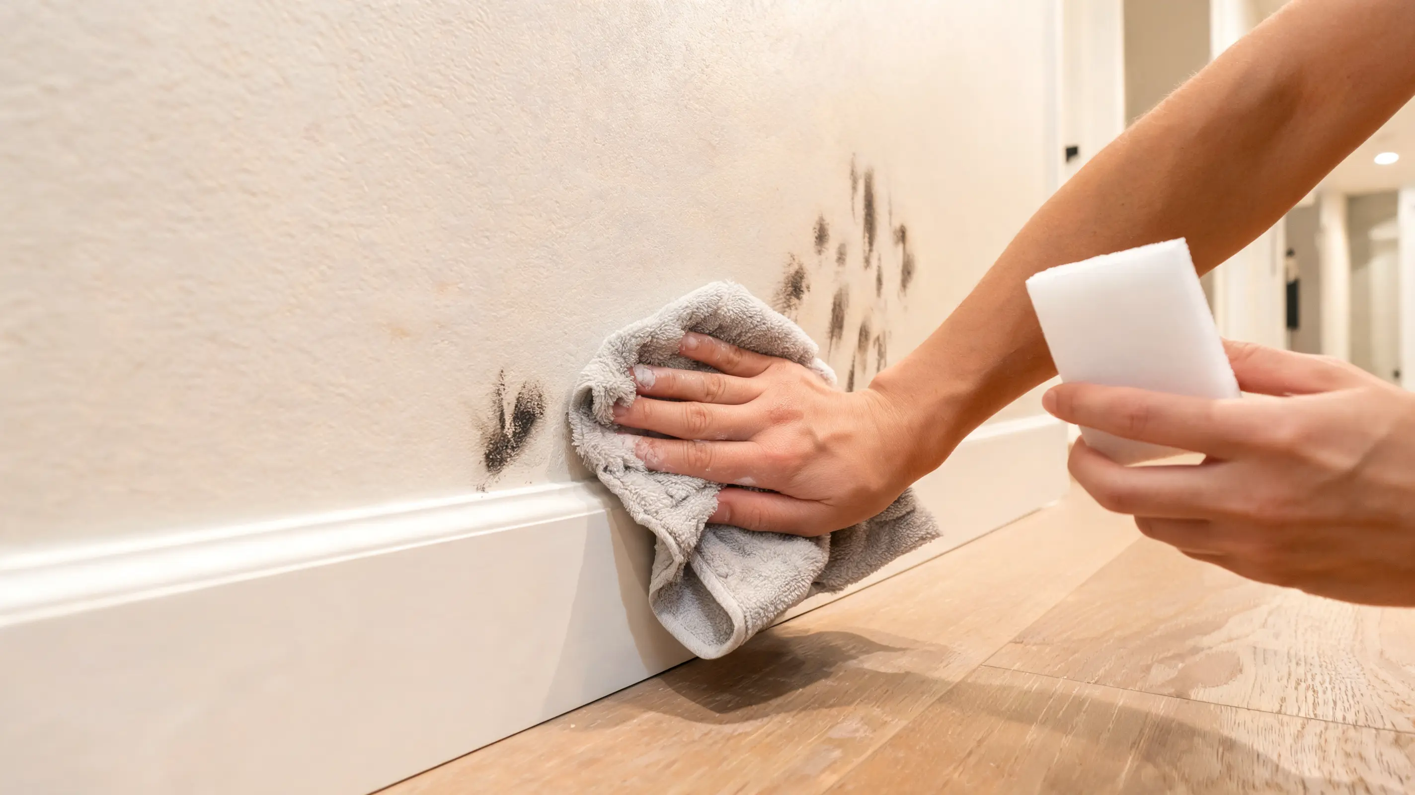 hallway wall scuff marks removed using dry microfiber cloth and sponge eraser realistic interior scene