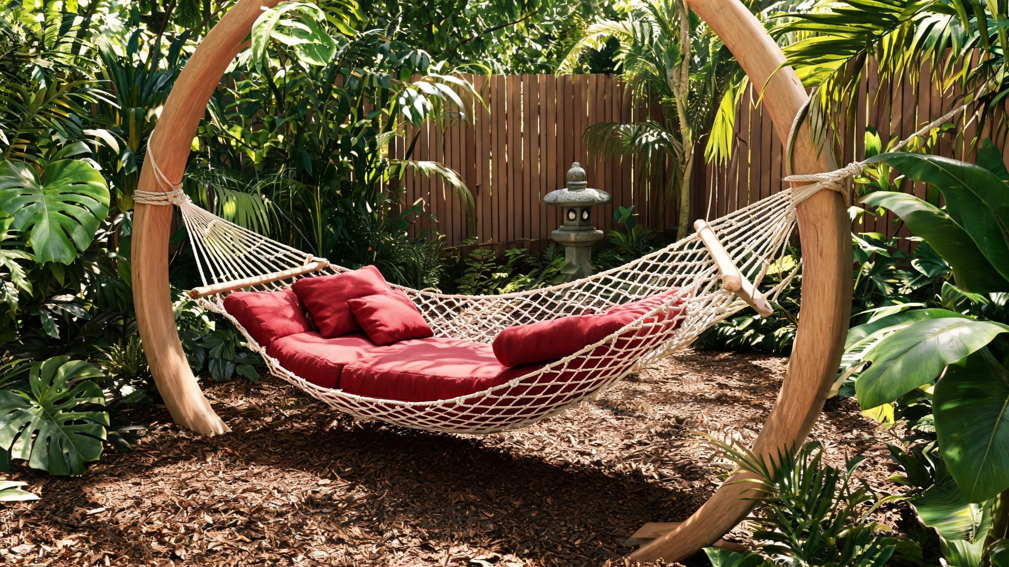 Hammock bed with red cushions in a tropical garden setting