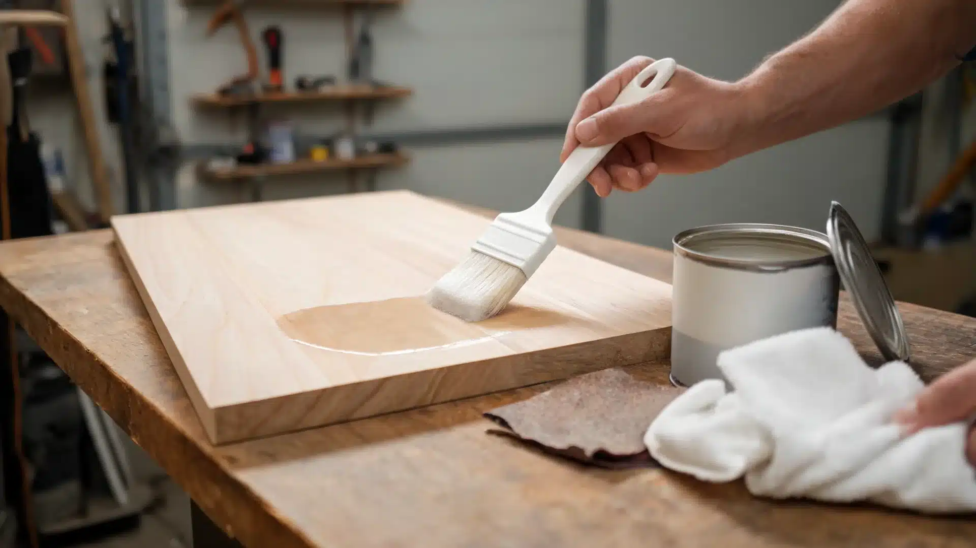 hand applies wood conditioner to raw board with brush on workbench before staining in workshop