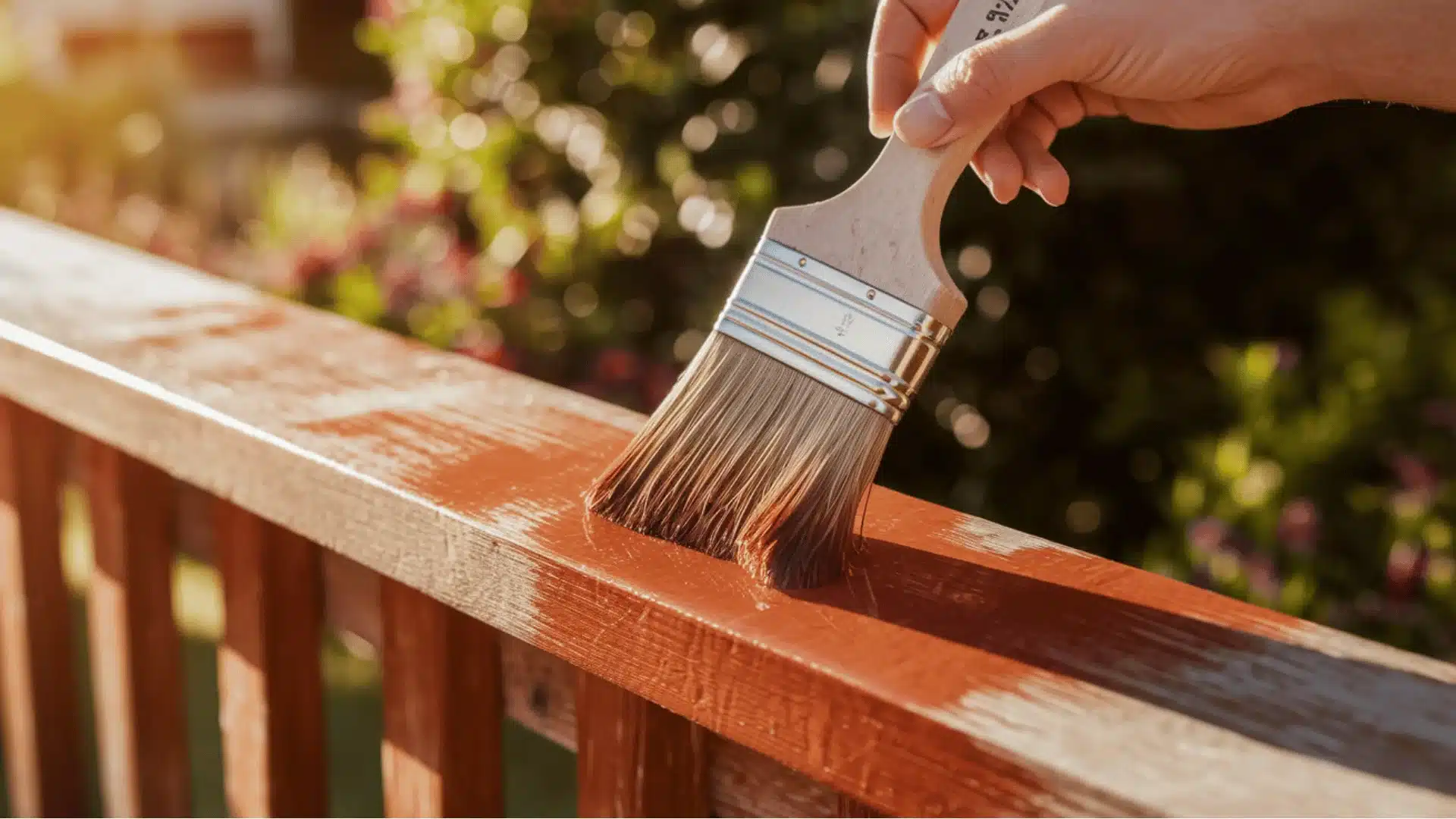 hand, visible in the foreground, holds a paintbrush with a wooden handle and a mix of bristles and metal