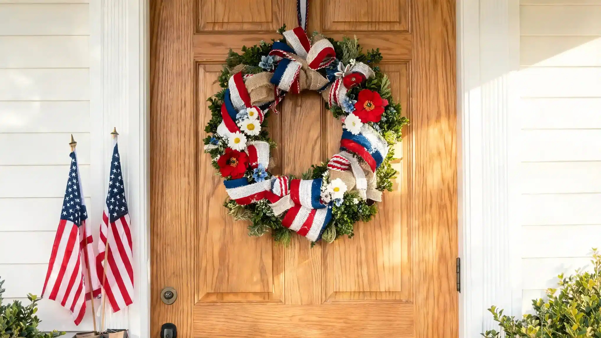 handmade red, white & blue Memorial day wreath on wooden front door with small us flags in natural daylight.