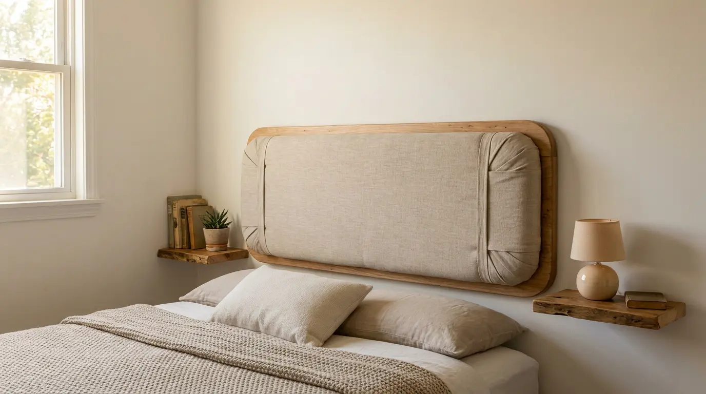 handmade upholstered wooden headboard with floating shelves in cozy bedroom showing diy craftsmanship and style