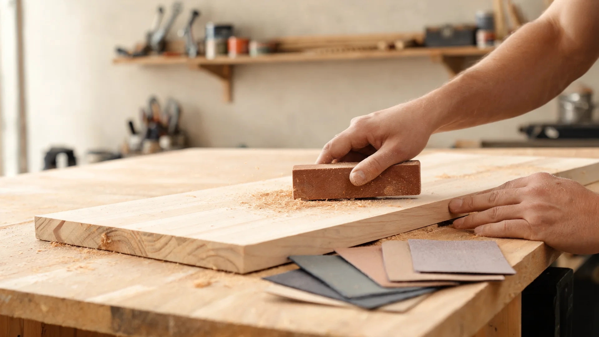 hands sanding raw wood board on workbench before staining in clean home workshop setting indoors