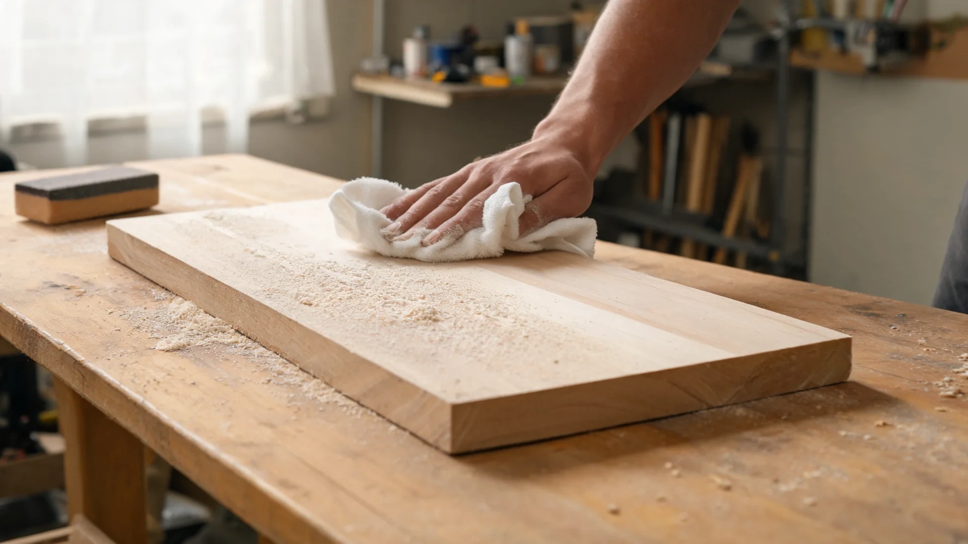 hands wiping sanding dust from raw wood board on workbench in clean indoor workshop setting