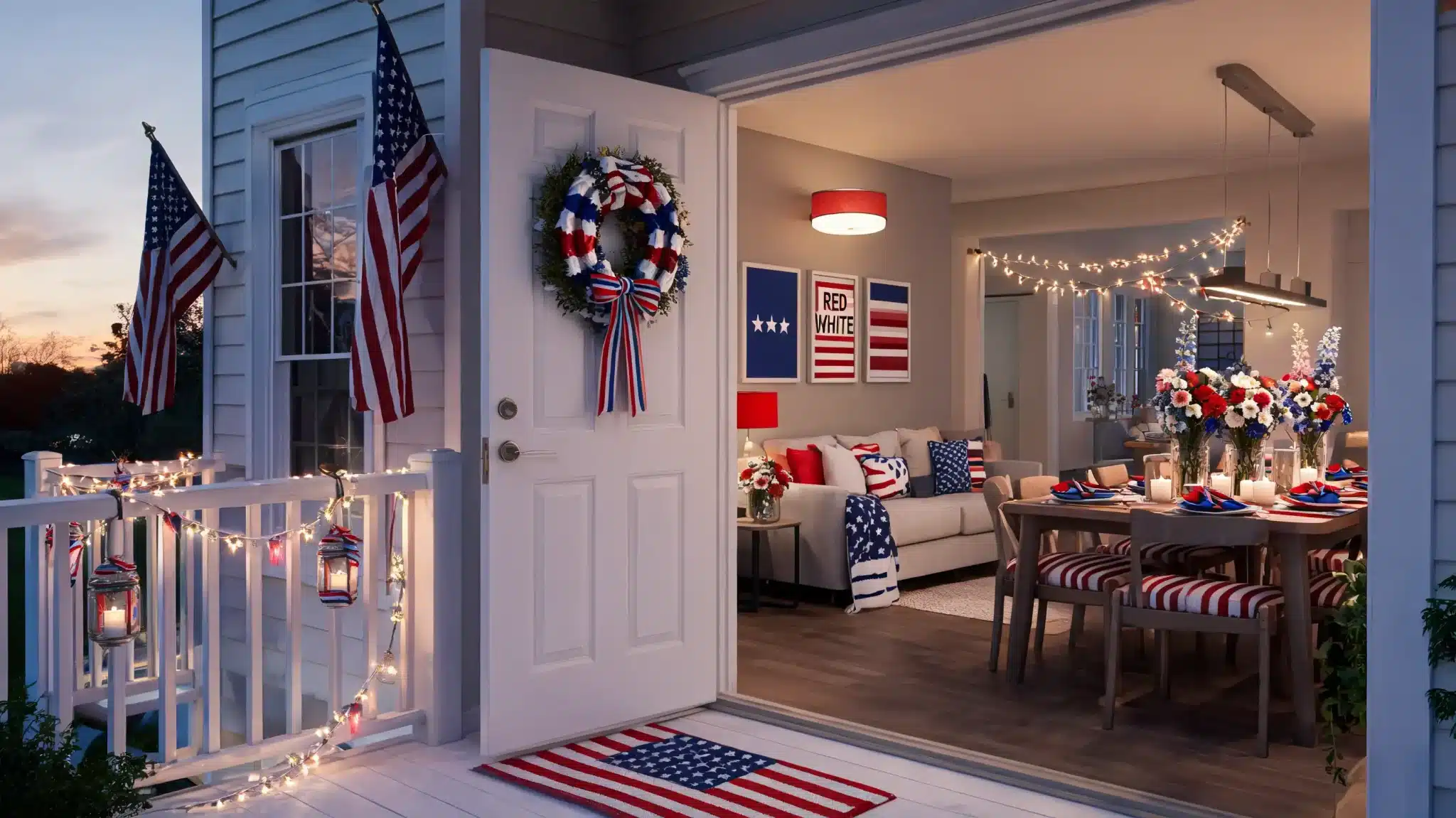 home decorated with patriotic red white and blue decor in living room dining and porch