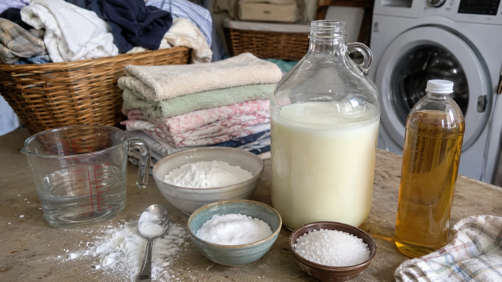 homemade castile soap laundry detergent with powders and washing tools