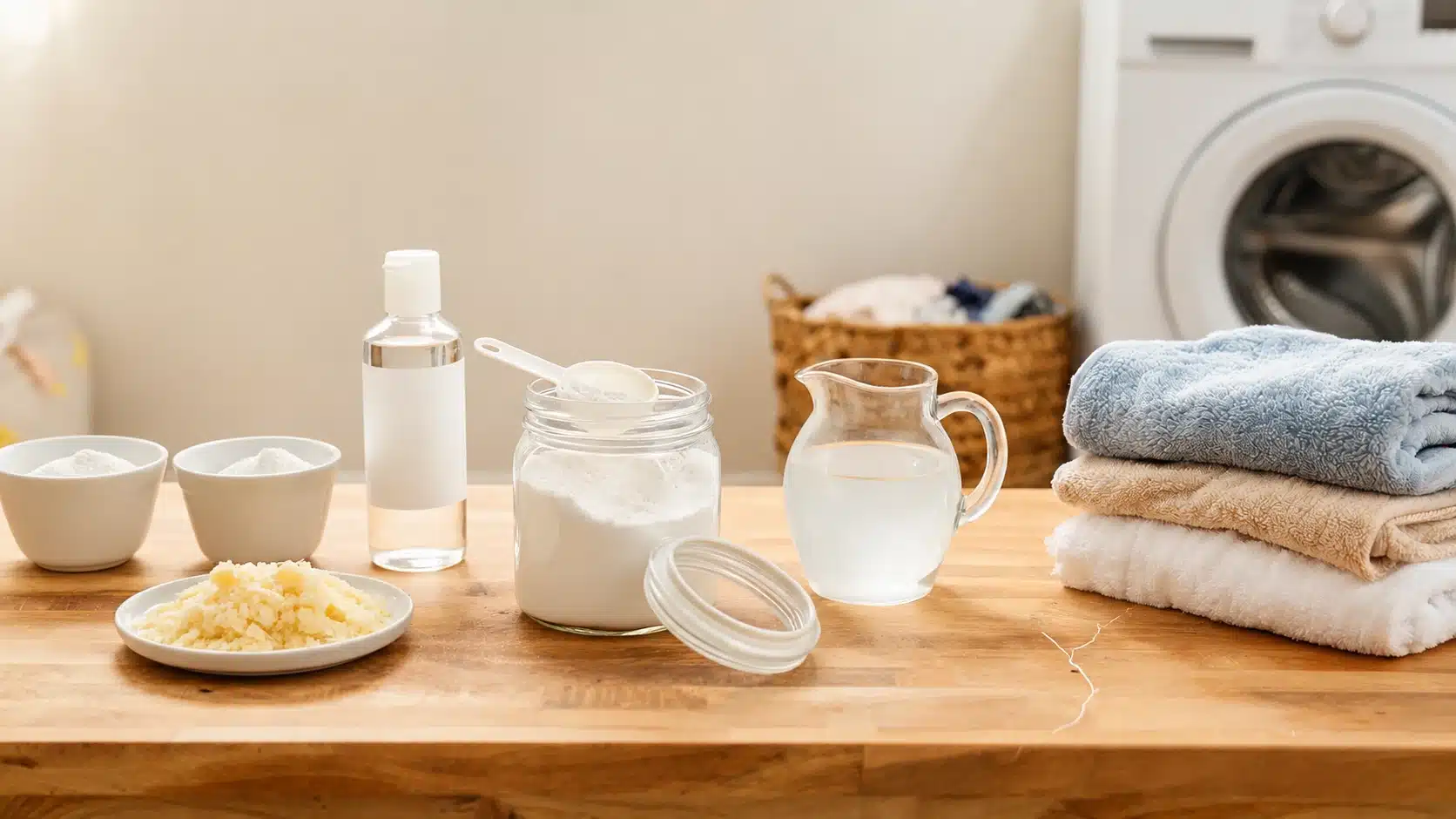 homemade laundry detergent ingredients arranged on wooden table with towels and washing machine in background