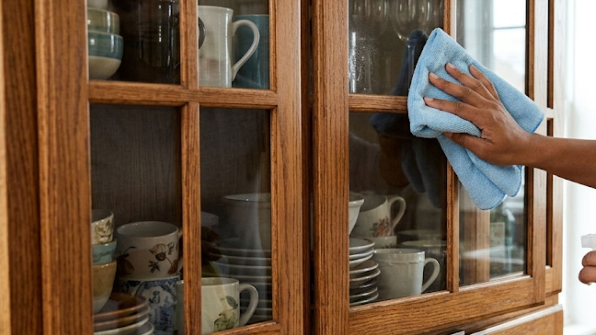 person safely wipes glass-front wood cabinets using a microfiber cloth sprayed with cleaner, protecting the wooden frame from damage