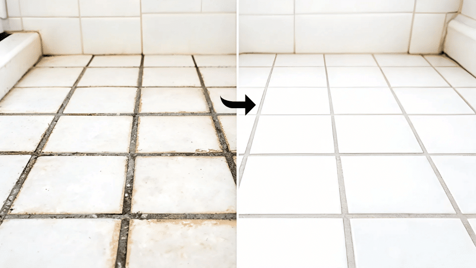 before and after tile floor showing how to clean grout lines with a simple home method