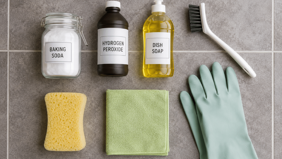 flat lay of baking soda hydrogen peroxide dish soap brush sponge cloth and gloves for bathroom grout
