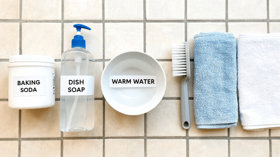 flat lay of baking soda dish soap warm water brush cloth and towel for cleaning greasy kitchen grout